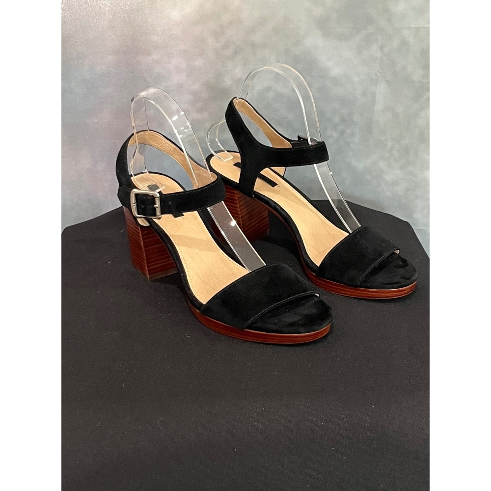 Frye Black Suede Block Wood Heel Ankle Strap Sandals‎ Women Size 8.5